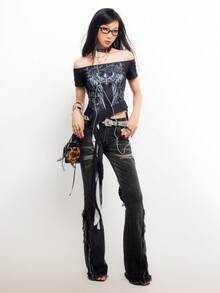 Bloopia Women's Off-Shoulder Wing Print Fashionable Ruffle Asymmetric Hem Top - Black - View 4