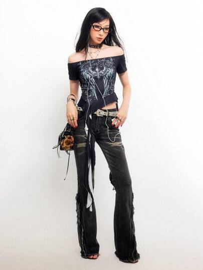 Bloopia Women's Off-Shoulder Wing Print Fashionable Ruffle Asymmetric Hem Top