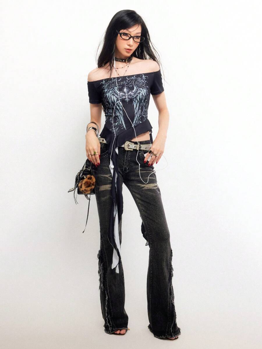 Bloopia 女士露肩翅膀印花时尚荷叶边不对称下摆上衣 - 黑色 - 查看 1