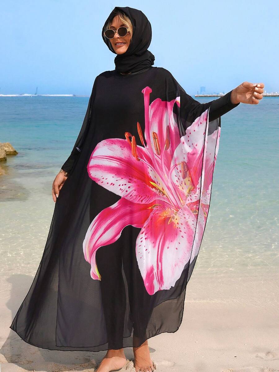 Swim Mulvari 女士夏季度假百合花网纱罩衫泳衣沙滩装 - 黑色 - 查看 1