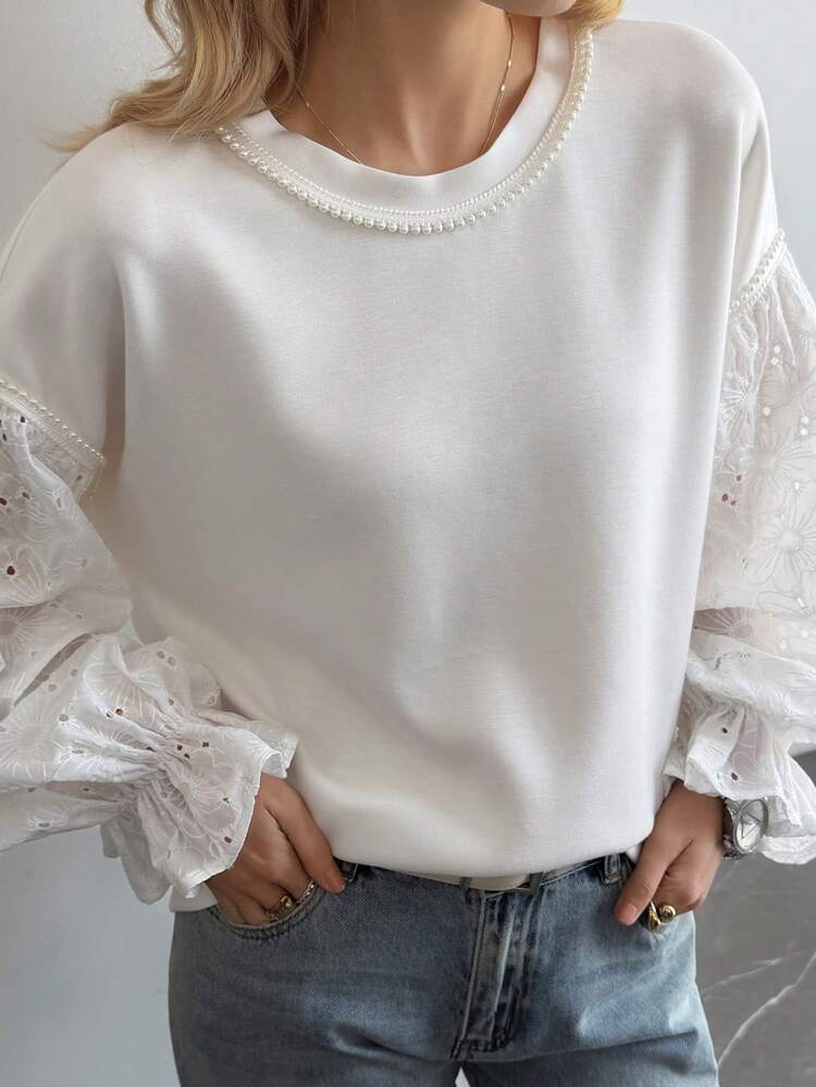 Women's Round Neck Burnout Embroidery Ruffle Cuff Casual Everyday Long Sleeve T-Shirt