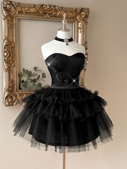 Lovelzi Elegante y lujoso vestido mini con parches de satén negro y malla, decoración con apliques hechos a mano, cintura transparente con volantes en el bajo, vestido de fiesta