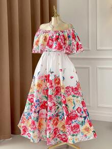 Elenzga 大码彩色印花露肩荷叶边收腰喇叭长连衣裙，优雅适合约会、聚会、外出、下午茶、度假等场合。 - 彩色 - 查看 7