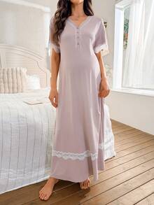 Moonlight&Mama Contrast Color Ruffle V-Neck Button Down Short Sleeve Loose Maternity Long Nightgown - Dusty Pink - View 3