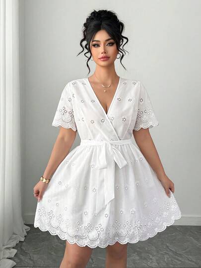 Elenzga Women's French Romantic Sicily Elegant Vacation Afternoon Tea V-Neck Short Sleeve Cinched Waist Mini Dress, Precise Embroidered Fabric