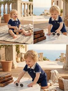 Souflis Souflis 2pcs/Set Toddler Boys Polo Collar Short Sleeve Top And Shorts Outfit, Top With Ribbed Collar And Cuffs, Embroidered Design, Textured Fabric Shorts, Perfect Summer Outfit For Baby Boys Baby Boy Casual Short Sleeve Toddler Boy Short Set Baby Boy Clothes Navy Baby Outfit Baby Boy Polo - Navy - View 2