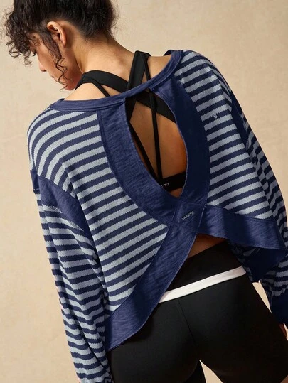 VARSIVA 女士圆领条纹镂空露背休闲百搭日常户外长袖运动T恤