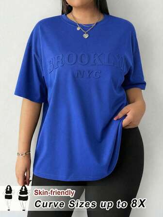 SHEIN CURVE+ Plus Size Women's Letter Embossed Round Neck Casual Versatile Daily Wear Short Sleeve T-Shirt