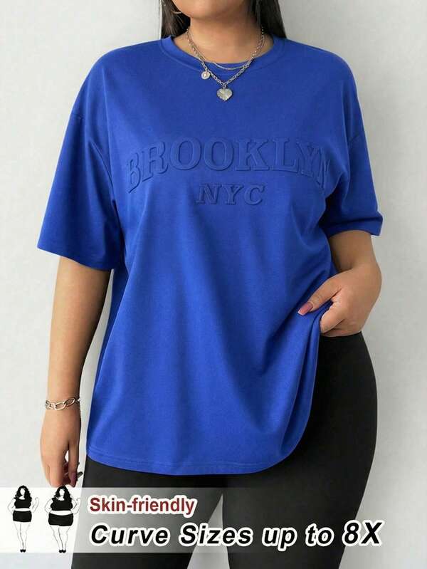 SHEIN CURVE+ Plus Size Women's Letter Embossed Round Neck Casual Versatile Daily Wear Short Sleeve T-Shirt