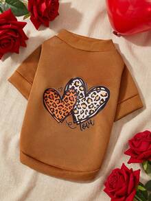 PETSIN 1件豹纹情书印花宠物服，大地黄运动风，厚实保暖的春秋季宠物服装 - 卡其色 - 查看 7