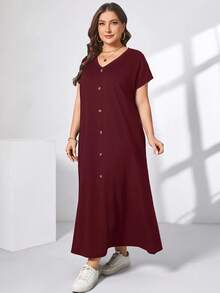 SHEIN Essnce 大码女装春夏时尚休闲宽松舒适日常短袖黑色V领口袋长裙，适合夏季穿着，也适合女士出席教会活动、展现优雅气质、教师着装以及机场出行。 - 玫瑰紅 - 查看 5