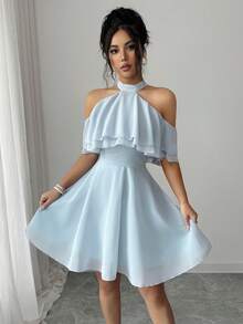 Modelyn 女士时尚露肩A字短裙 - 藍色 - 查看 1