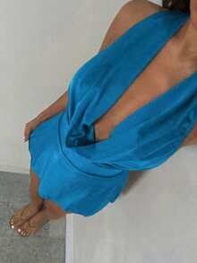 Glamine Women's Sleeveless Halter Backless Blue Mini Bodycon Party Dress Elastic Satin V-Neck Backless Party Mini Dress For Women Blue Party Dress New Year Women's Clothes Women Sexy Deap V Neck Mini Party Dress Bright Blue Dress Blue Silk Dress Blue Sexy Dress Blue Satin Dress - Blue - View 6