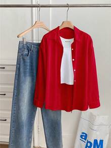 Resyla Áo sơ mi nữ cỡ lớn tay dài màu trơn cài một hàng khuy, kiểu dáng thường ngày/công sở - Nhiều màu - Xem 6