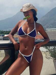 Bonvoyette 2pcs/Set Women's Contrast Trim Halter Neck Tie Bikini Top And Triangle Bottoms Swimsuit For Summer Beach Vacation - Navy Blue - View 1