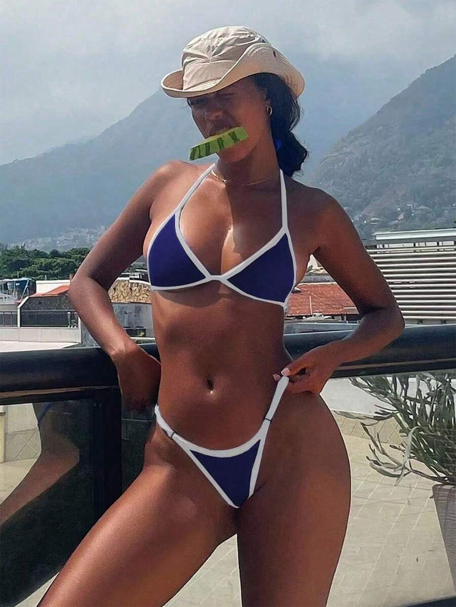 Bonvoyette 2pcs/Set Women's Contrast Trim Halter Neck Tie Bikini Top And Triangle Bottoms Swimsuit For Summer Beach Vacation - Navy Blue - View 1