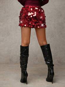 SHEIN BAE 女士纯色亮片修身优雅半身裙 - 紅色 - 查看 2