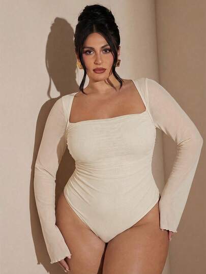 SHEIN BAE Plus Size Women Elegant Purple Long Sleeve Bodysuit, Autumn/Winter