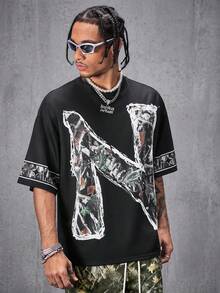 AXEPEAK 男士宽松数码印花短袖针织 T 恤 - 黑色 - 查看 4