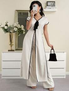 Modelyn 女士夏季时尚通勤撞色滚边垂褶前开衩下摆超长上衣和阔腿裤两件套 - 卡其色 - 查看 1