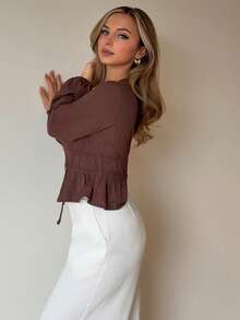 Jeta Ari 女士休闲通勤简约纯色 V 领灯笼袖前结短款上衣，春秋装 - 咖啡棕 - 查看 4