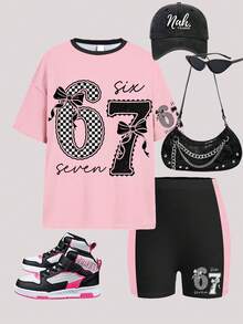 复古时尚数字67印花，少女休闲简约舒适圆领宽松短袖T恤搭配修身骑行短裤套装，适合春夏日常、街头、外出、居家、度假、运动等场合。 - 彩色 - 查看 3