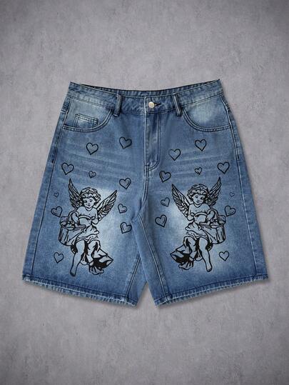 Manfinity Roghcode Shorts Denim com Bolso Diagonal e Estampa de Anjo Grafite Criativa Americana