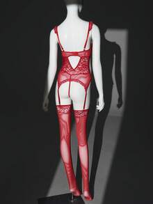 SHEIN 4pcs/Set Women's Sexy Lace Patchwork Lingerie Set, Valentine's Day - Red - View 2