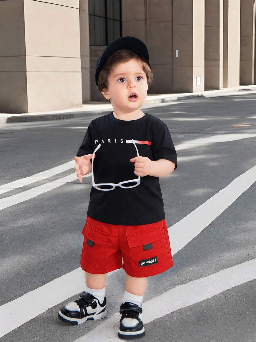 男婴夏季休闲字母印花T恤和短裤套装 - 彩色 - 查看 1