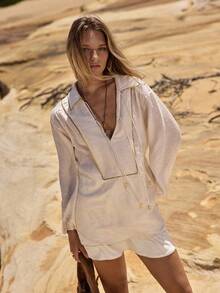 MOTF STUDIO WOMEN'S TENCEL LINEN PATCHWORK TIE-FRONT LOOSE SHIRT, SPRING/SUMMER - Black - View 1