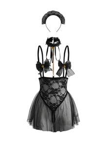 Fantasy Costume 2 piezas Conjunto de lencería sexy de mujer con encaje y lazo - Negro - Ver 9