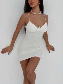 Aloruh Romantic Date Night Sexy Elegant White Ruched Bust Bodycon Mini Dress For Women - White - View 8