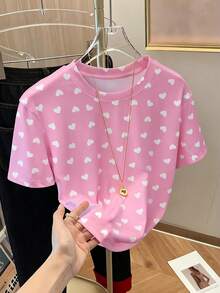 Resyla 时尚休闲爱心印花宽松短袖T恤 - 粉色 - 查看 1