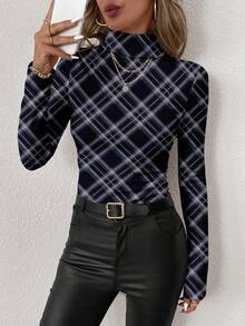 SHEIN Clasi Women's Casual Minimalist Turtleneck T-Shirt, Navy Blue Plaid Print Pattern - Multicolor - View 5