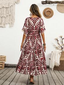 Breezaya 女士法式设计印花收腰飘逸流苏V领长款连衣裙，度假风 - 紅白色 - 查看 5