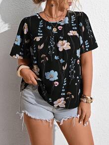 Breezaya Áo thun dài tay ngắn cổ tròn cỡ lớn, in họa tiết, dáng rộng, thoải mái. - màu đen - Xem 1