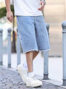 Manfinity Homme 男士毛边斜插口袋休闲提花阔腿牛仔短裤 - 淺色水洗藍 - 查看 7