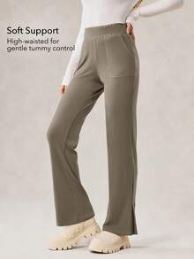 OutZeal 女士运动裤 普拉提瑜伽保暖内衬日常休闲柔软保暖高腰拉链口袋 - 卡其色 - 查看 2