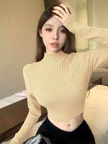 DAZY 女士纯色长袖修身短款毛衣，适合办公室穿着，秋冬季款 - 杏色 - 查看 6