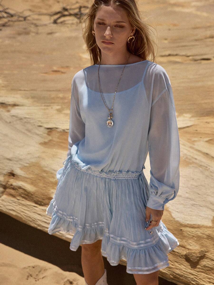 MOTF STUDIO WOMEN'S CHIFFON PATCHWORK PLEATED DRAWSTRING LOW WAIST SHORT DRESS