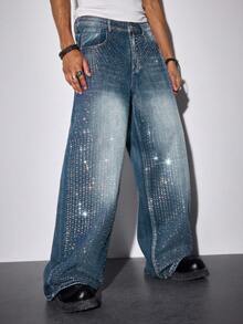 ROMWE MEN 男士口袋镶钻休闲牛仔裤 - 藍色 - 查看 4