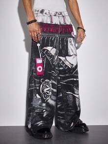 ROMWE MEN Men's Casual Fashion Street Style Printed Loose Wide-Leg Jeans, Belt Not Included - Black - View 5