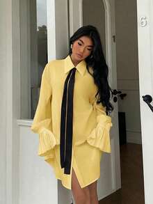 SHEIN PariChic Women's Loose Pleated Long Sleeve Contrast Collar Blouse - Yellow - View 4