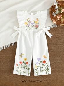 Cozy Pixies 女婴立体花卉图案圆领荷叶边蝴蝶结无袖收腰连体衣，百搭舒适 - 白色 - 查看 7