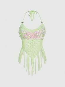 ROMWE Avant Women's Vintage Vacation Style Beaded Halter Neck Hollow Out Fringe Hem Sexy Knit Top - Green - View 1