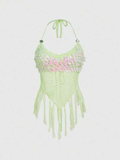 ROMWE Avant Women's Vintage Vacation Style Beaded Halter Neck Hollow Out Fringe Hem Sexy Knit Top