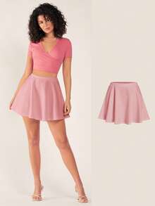 SHEIN BASICS Women's Solid Color Ruffle Hem Minimalist Design Versatile Summer Skirt Pink Skirt Aline Skirt Flare Skirt Mini Skirt Micro Skirt - Pink - View 8