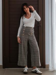 Hitanina Plaid Print Button Detail Wide Leg Pants - Black and White - View 3