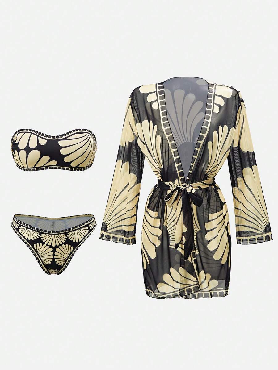 Swim Oasis Women's Summer Beach Print Bandeau Sexy Bikini Set With Kimono Cover-Up - Multicolor - View 1