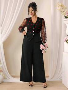 Elenzga Conjunto de 2 piezas elegante para fiesta de otoño en talla grande, color negro y rojo, cárdigan con cuello en V, mangas abullonadas con patchwork de malla en forma de corazón, botones de perla, bajo asimétrico, pantalones - Negro - Ver 8